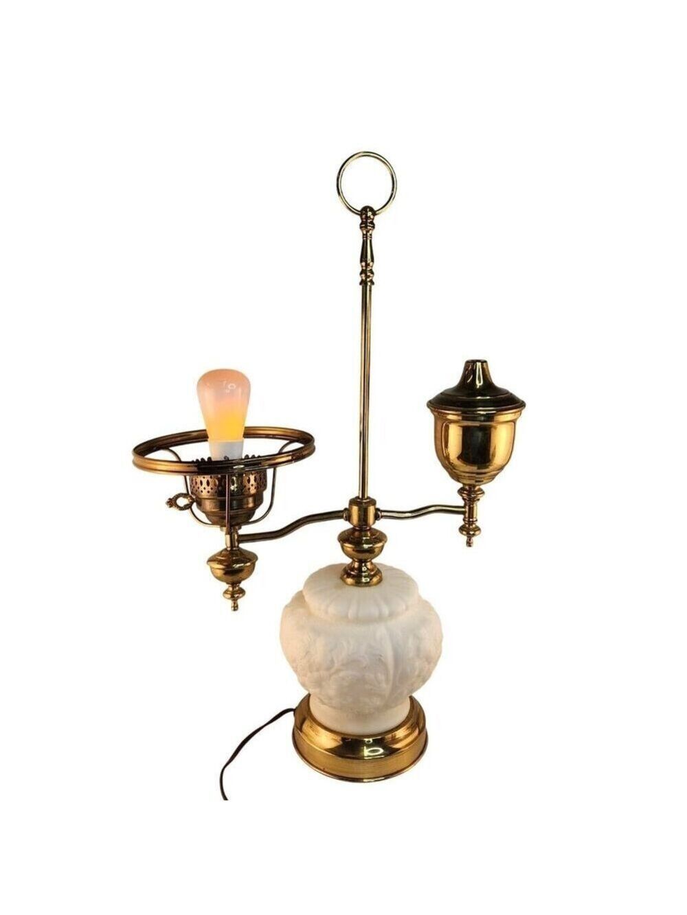 Vintage Victorian Student Lamp Brass Milk Glass Dual Light Desk Lamp Oil Electri